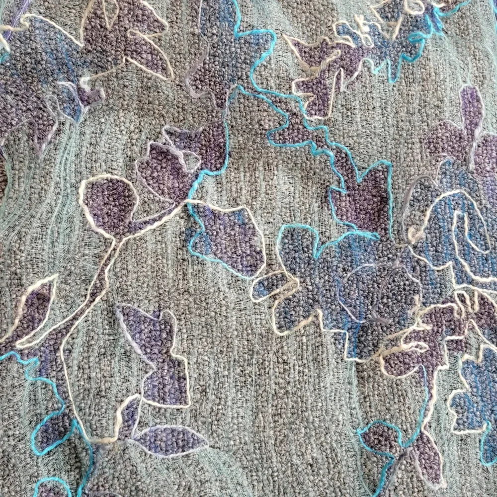 Fleurs 100% silk blue floral embroidered scarf sheer wrap luxury bright‎ spring